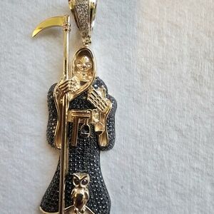 18kt Gold Vermil Over Sterling Silver With Black Moissanite Grim Reaper Pendant